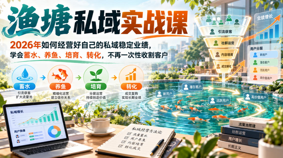 渔塘私域实战课，2026年如何经营好自己的私域稳定业绩，学会蓄水、养鱼、培育、转化，不再一次性收割客户-巅峰研习社