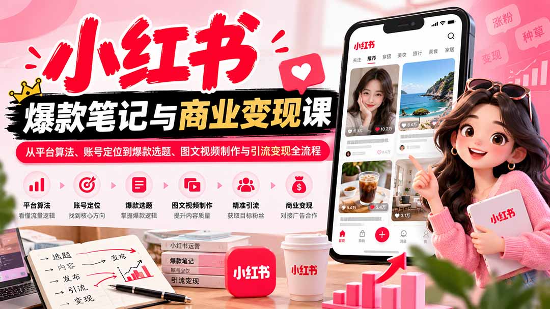 2026小红书爆款笔记与商业变现课:从平台算法、账号定位到爆款选题、图文视频制作与引流变现全流程-巅峰研习社
