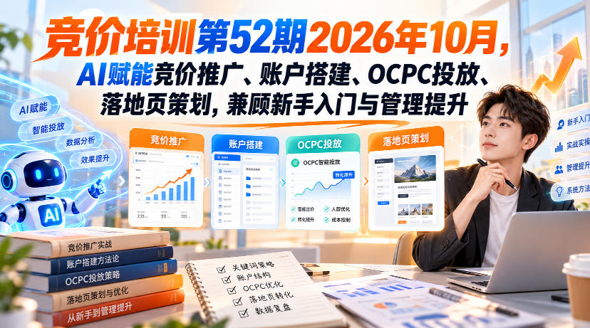 【无水印】竞价培训第52期2026年10月，AI赋能竞价推广、账户搭建、OCPC投放、落地页策划，兼顾新手入门与管理提升-巅峰研习社