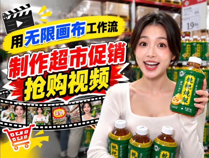 无限画布超市促销抢购视频工作流,一键产出TikTok抖音带货短视频-巅峰研习社