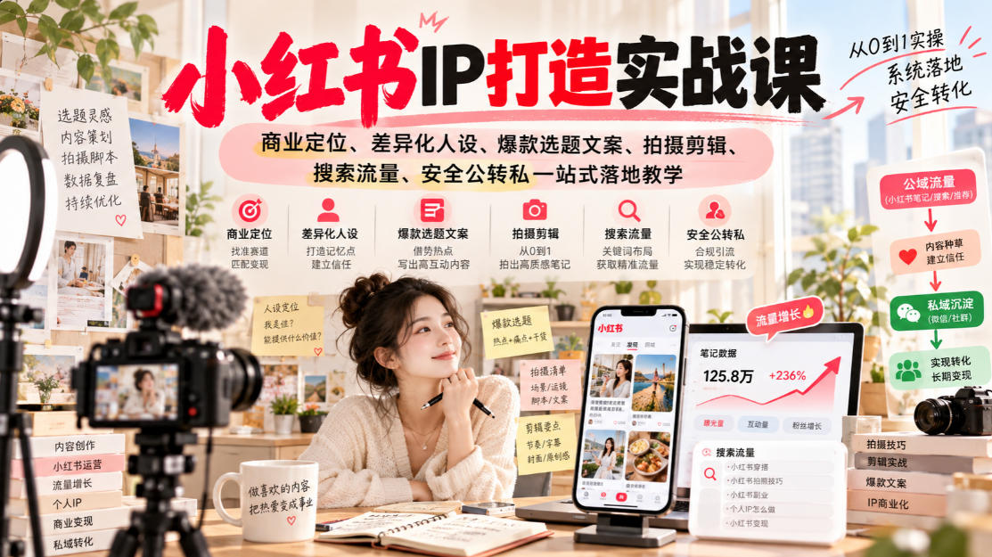 小红书ip打造实战课，商业定位、差异化人设、爆款选题文案、拍摄剪辑、搜索流量、安全公转私一站式落地教学-巅峰研习社