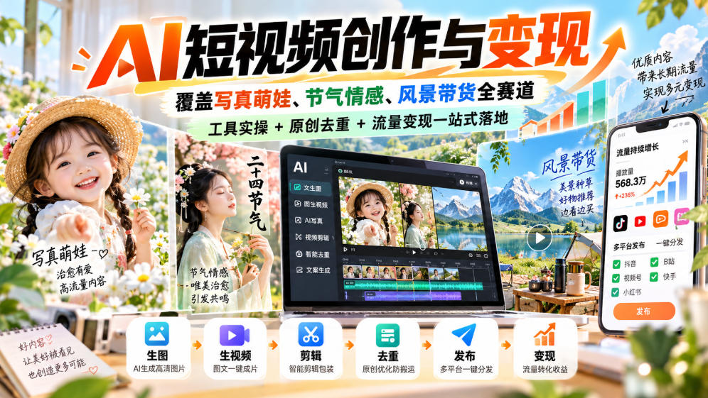 AI短视频创作与变现，覆盖写真萌娃、节气情感、风景带货全赛道，工具实操+原创去重+流量变现一站式落地-巅峰研习社