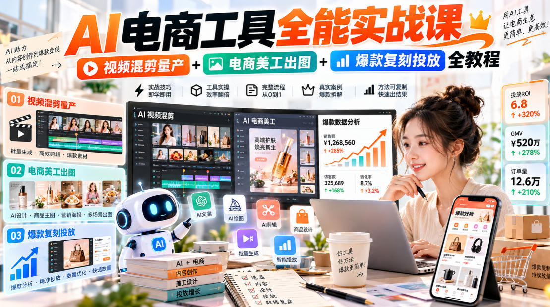 AI电商工具全能实战教学，视频混剪量产+电商美工出图+爆款复刻投放全教程​-巅峰研习社