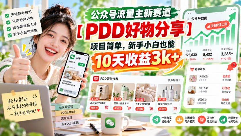 公众号流量主新赛道【PDD好物分享】,项目简单,新手小白也能10天收益3k+-巅峰研习社