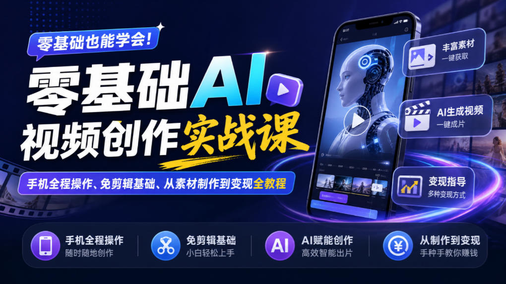 零基础AI视频创作实战课|手机全程操作、免剪辑基础、从素材制作到变现全教程-巅峰研习社