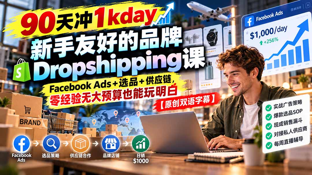 90天冲1kday 新手友好的品牌Dropshipping课：Facebook Ads+选品+供应链，零经验无大预算也能玩明白【原创双语字幕】-巅峰研习社