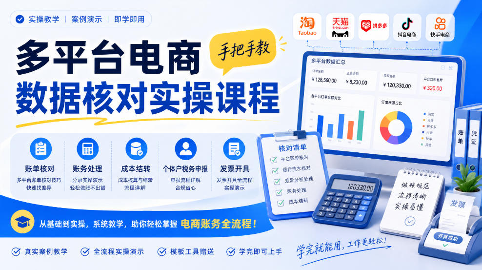 多平台电商数据核对实操课程,手把手教账单核对、账务处理、成本结转、个体户税务申报与发票开具-巅峰研习社