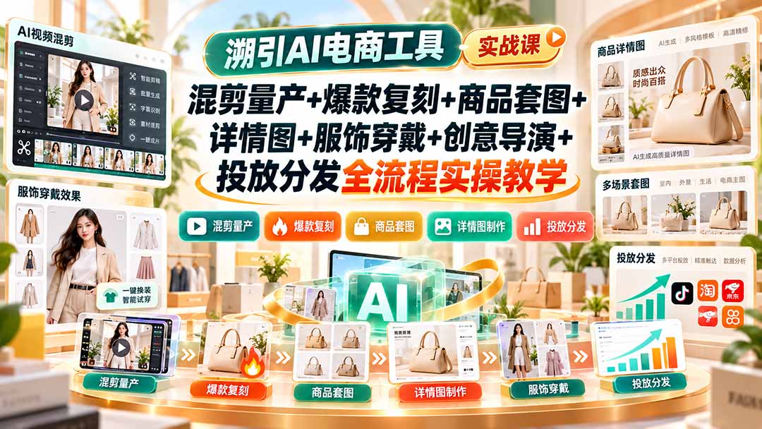 溯引AI电商工具实战课：混剪量产+爆款复刻+商品套图+详情图+服饰穿戴+创意导演+投放分发全流程实操教学-巅峰研习社