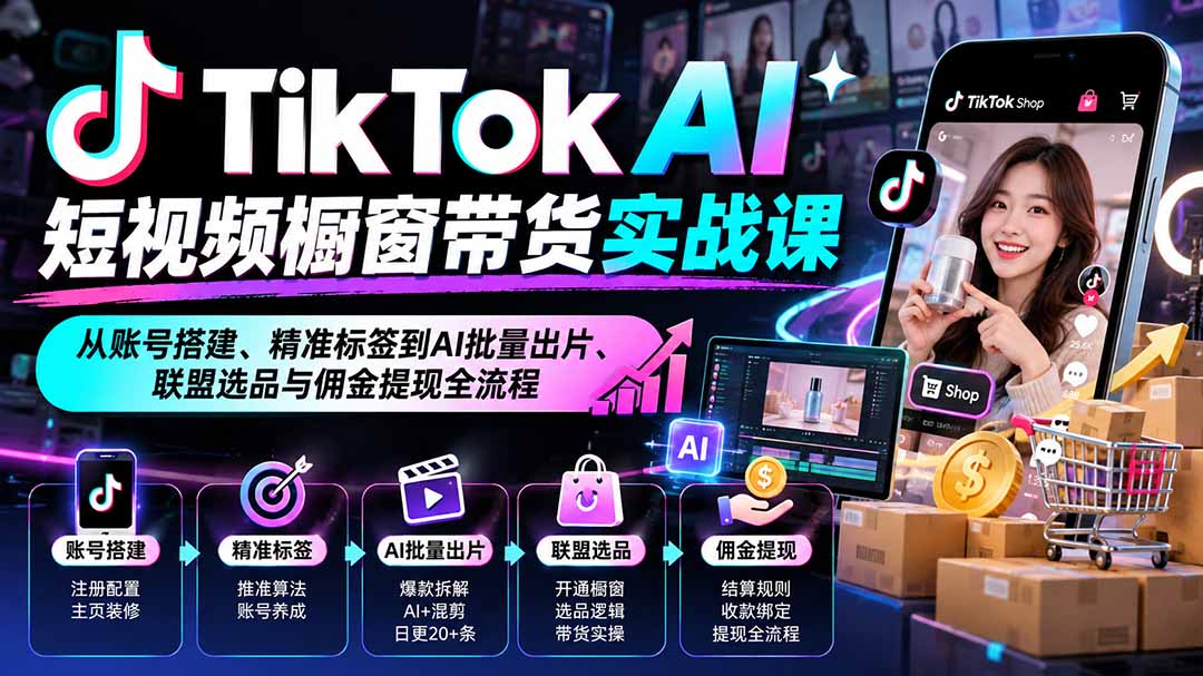 TikTok AI短视频橱窗带货实战课：从账号搭建、精准标签到AI批量出片、联盟选品与佣金提现全流程-巅峰研习社