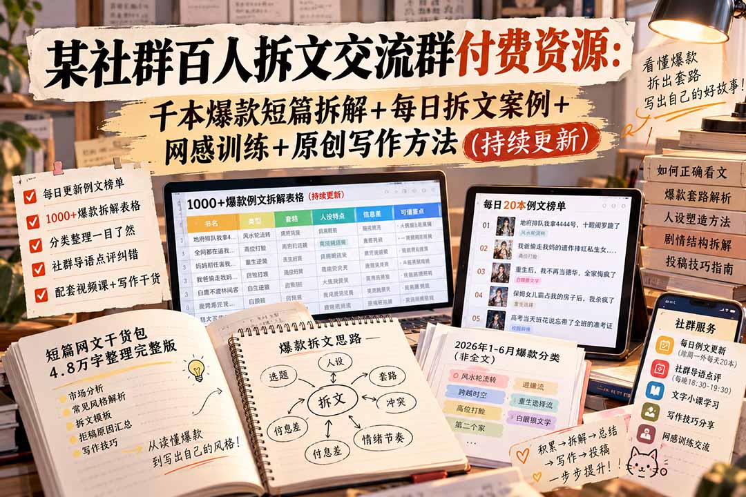 某社群百人拆文交流群付费资源-更新0929:千本爆款短篇拆解+每日拆文案例+网感训练+原创写作方法-巅峰研习社