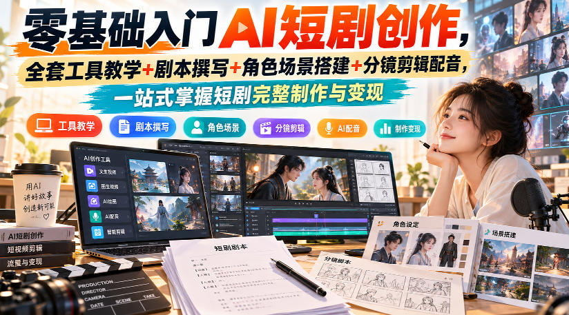 零基础入门AI短剧创作，全套工具教学+剧本撰写+角色场景搭建+分镜剪辑配音，一站式掌握短剧完整制作与变现-巅峰研习社