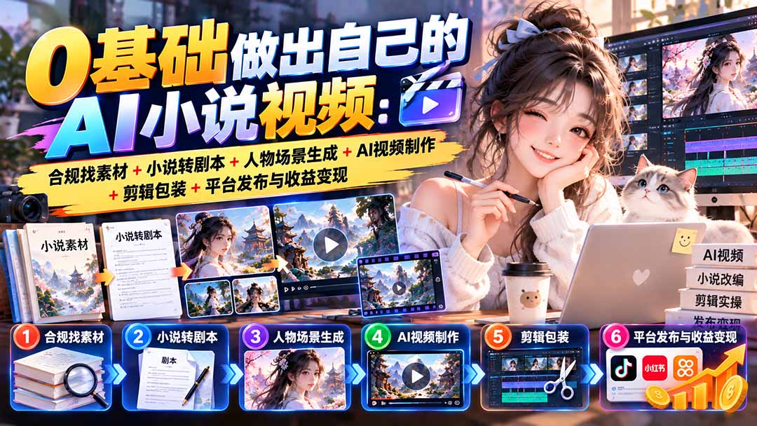 0基础做出自己的AI小说视频：合规找素材+小说转剧本+人物场景生成+AI视频制作+剪辑包装+平台发布与收益变现-巅峰研习社