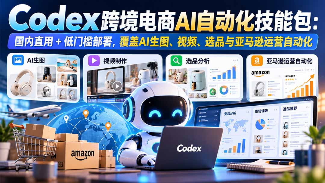 【无水印】Codex跨境电商AI自动化技能包:国内直用+低门槛部署,覆盖AI生图、视频、选品与亚马逊运营自动化-巅峰研习社