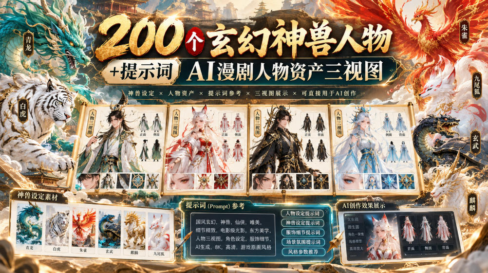200个玄幻神兽人物+提示词ai漫剧人物资产三视图-巅峰研习社