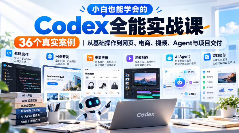 小白也能学会的Codex全能实战课|36个真实案例,从基础操作到网页、电商、视频、Agent与项目交付-巅峰研习社