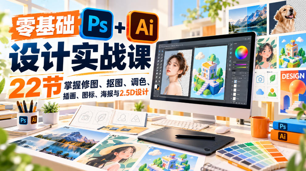 【无水印】零基础PS+AI设计实战课|22节掌握修图、抠图、调色、插画、图标、海报与2.5D设计-巅峰研习社