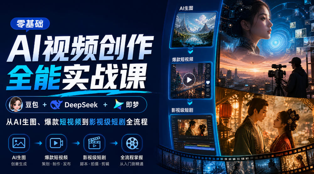 零基础AI视频创作全能实战课|豆包+DeepSeek+即梦,从AI生图、爆款短视频到影视级短剧全流程-巅峰研习社