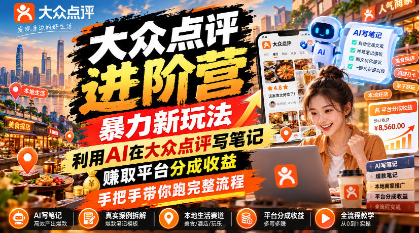 大众点评进阶营,暴力新玩法,利用AI在大众点评写笔记, 賺取平台分成收益,手把手带你跑完整流程-巅峰研习社