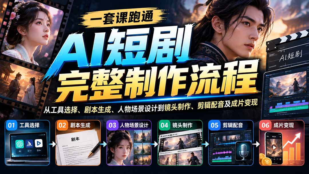 一套课跑通AI短剧完整制作流程：从工具选择、剧本生成、人物场景设计到镜头制作、剪辑配音及成片变现-巅峰研习社
