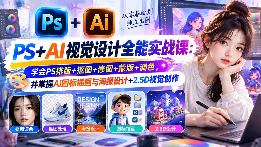 【无水印】PS+AI视觉设计全能实战课:学会PS排版+抠图+修图+蒙版+调色,并掌握AI图标插画与海报设计+2.5D视觉创作-巅峰研习社