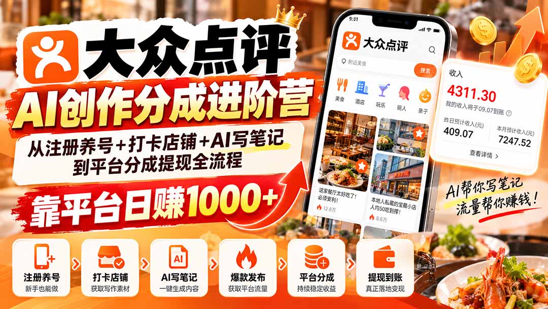 大众点评AI创作分成进阶营:从注册养号+打卡店铺+AI写笔记到平台分成提现全流程,靠平台日赚1000+-巅峰研习社