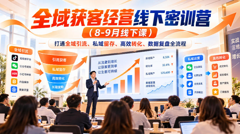 全域获客经营线下密训营(8-9月线下课)，打通全域引流、私域留存、高效转化、数据复盘全流程-巅峰研习社