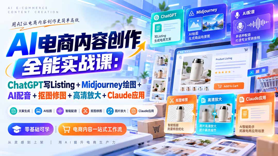 【无水印】AI电商内容创作全能实战课：ChatGPT写Listing+Midjourney绘图+AI配音+抠图修图+高清放大+Claude应用-巅峰研习社