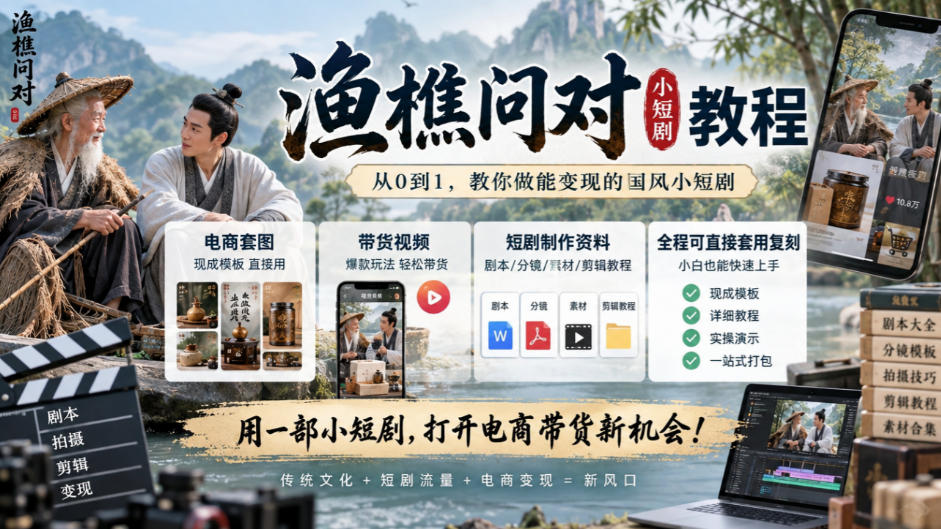 渔樵问对小短剧教程,包含电商套图、带货视频,短剧制作资料,全程可直接套用复刻-巅峰研习社