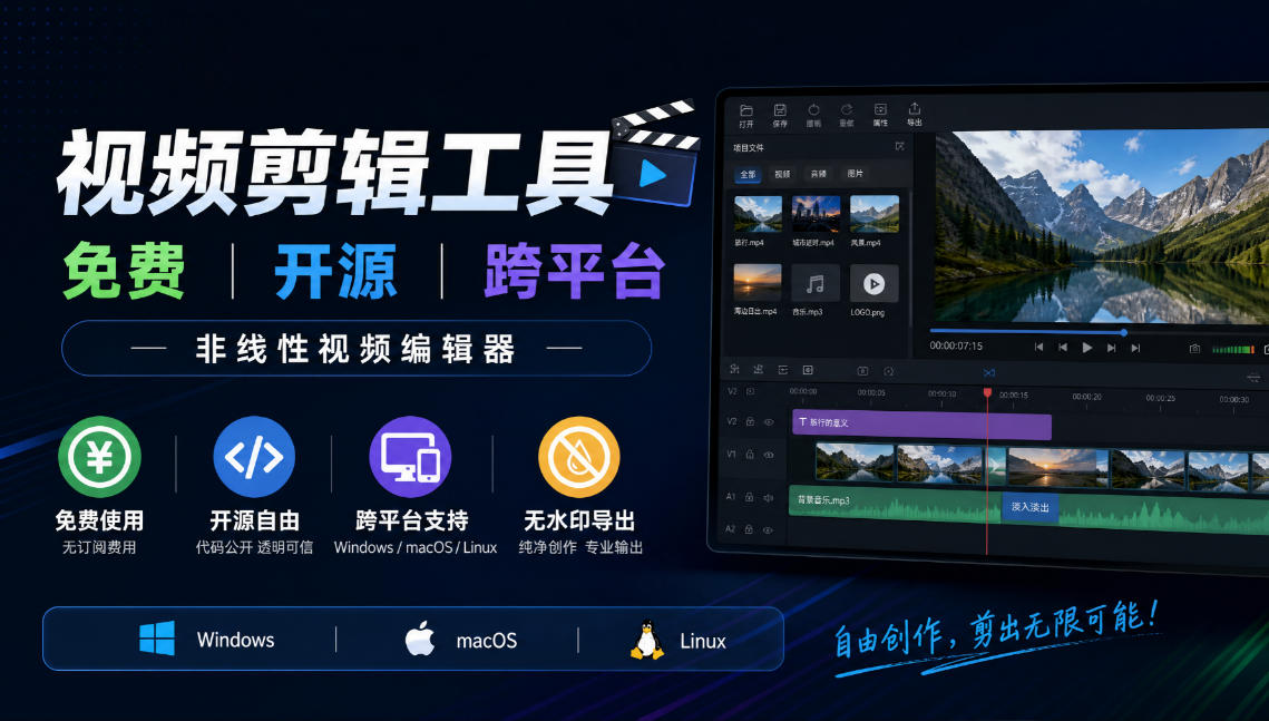 视频剪辑工具,免费、开源、跨平台,非线性视频编辑器,支持Windows、macOS、Linux,无水印、无订阅费用-巅峰研习社