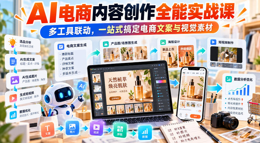 【无水印】AI电商内容创作全能实战课|多工具联动,一站式搞定电商文案与视觉素材-巅峰研习社