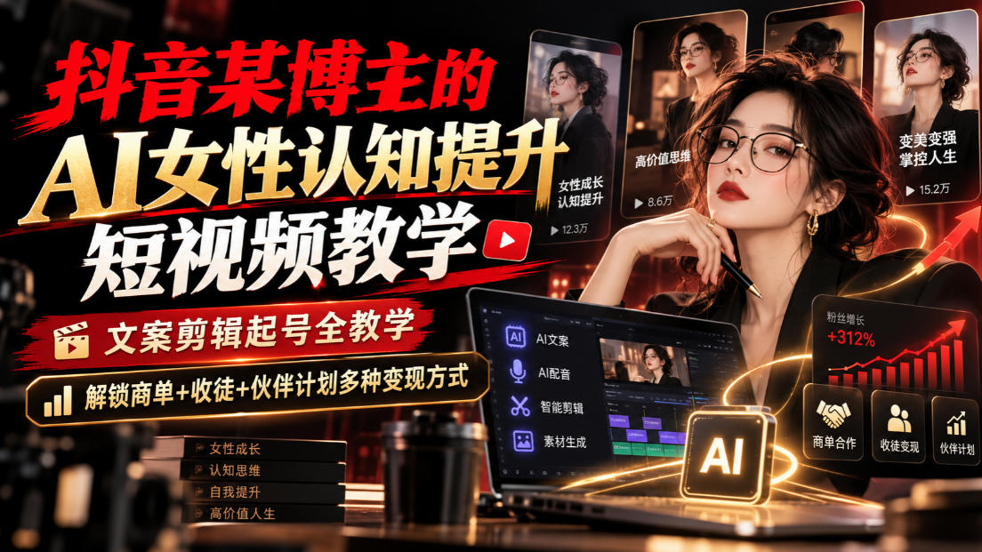 抖音某博主的Ai女性认知提升短视频教学，文案剪辑起号全教学，解锁商单+收徒+伙伴计划多种变现方式-巅峰研习社