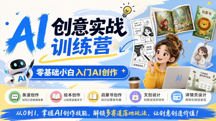 AI创意实战训练营，零基础小白入门AI创作，解锁条漫、绘本、启蒙书、文创、详情页多赛道落地玩法-巅峰研习社
