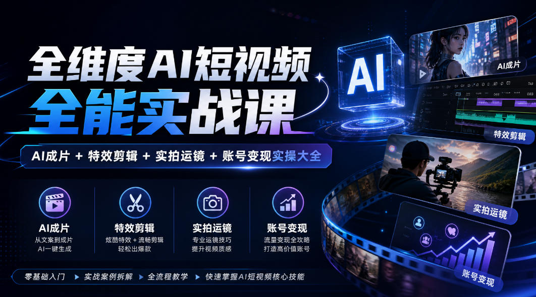 全维度AI短视频全能实战课,AI成片+特效剪辑+实拍运镜+账号变现实操大全-巅峰研习社