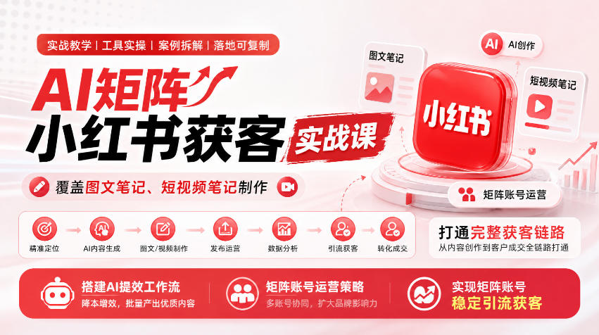 AI矩阵小红书获客实战课，覆盖图文笔记、短视频笔记制作，打通完整获客链路，搭建AI提效工作流，实现矩阵账号稳定引流获客-巅峰研习社