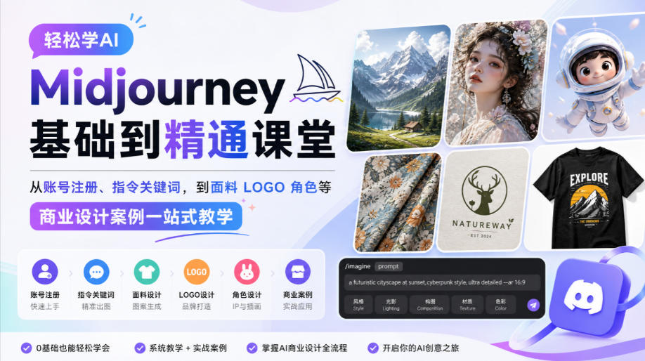 轻松学AI Midjourney基础到精通课堂，从账号注册、指令关键词，到面料LOGO角色等商业设计案例一站式教学-巅峰研习社