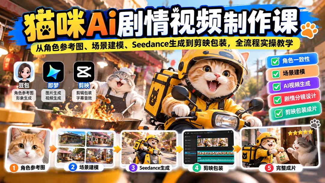 猫咪AI剧情视频制作课:从角色参考图、场景建模、Seedance生成到剪映包装,全流程实操教学-巅峰研习社