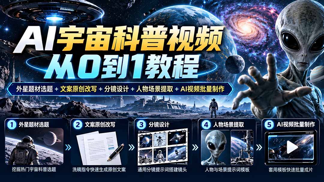 AI宇宙科普视频从0到1教程|外星题材选题+文案原创改写+分镜设计+人物场景提取+AI视频批量制作-巅峰研习社