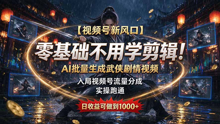 【视频号新风口】零基础不用学剪辑！AI 批量生成武侠剧情视频，入局视频号流量分成，实操跑通，日收益可做到 1000+-巅峰研习社