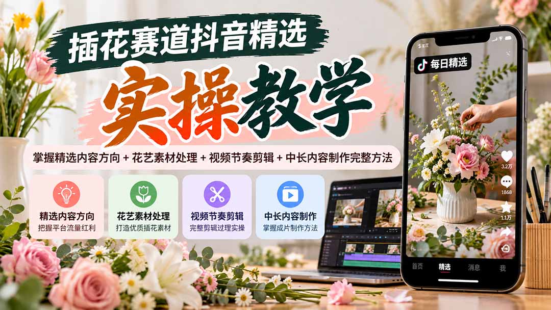 插花赛道抖音精选实操教学:掌握精选内容方向+花艺素材处理+视频节奏剪辑+中长内容制作完整方法-巅峰研习社