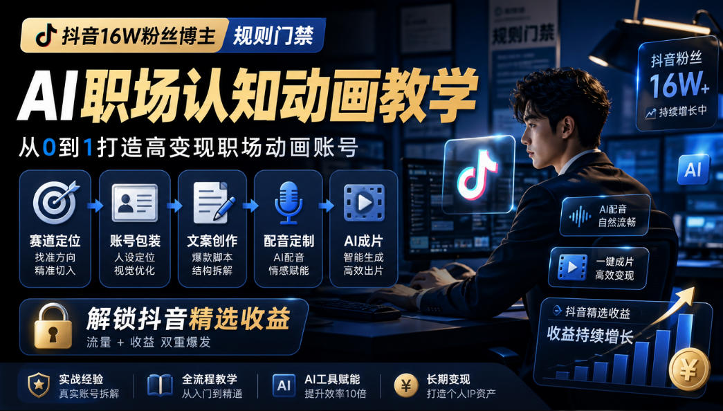抖音16W粉丝博主规则门禁的AI职场认知动画教学，从赛道定位、账号包装，到文案创作、配音定制、AI成片，解锁抖音精选收益-巅峰研习社