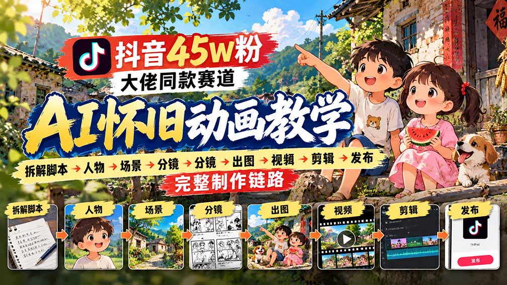 抖音45W粉大佬同款赛道AI怀旧动画教学:拆解脚本→人物→场景→分镜→出图→视频→剪辑→发布完整制作链路-巅峰研习社