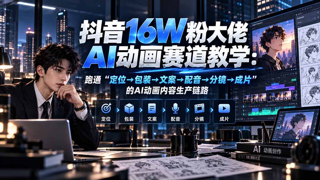 抖音16W粉大佬规则门禁AI动画赛道教学:跑通“定位→包装→文案→配音→分镜→成片”的AI动画内容生产链路-巅峰研习社