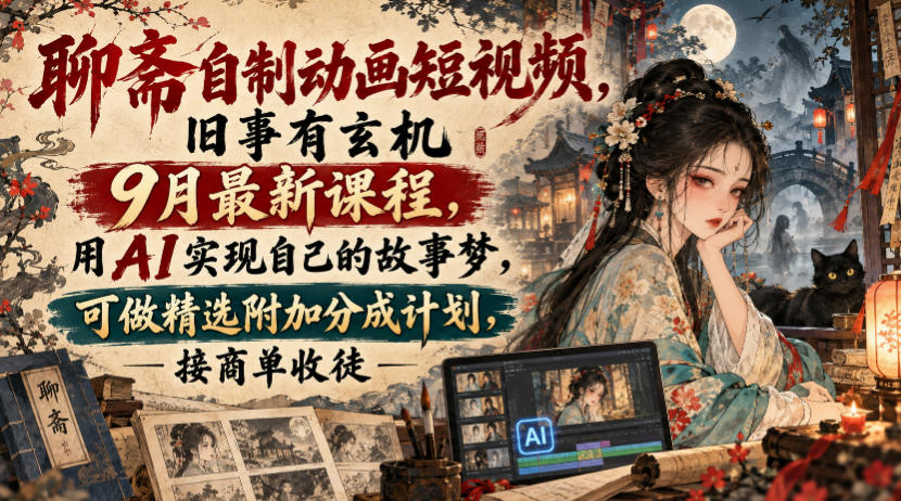 聊斋自制动画短视频，旧事有玄机9月最新课程，用AI实现自己的故事梦，可做精选附加分成计划，接商单收徒-巅峰研习社