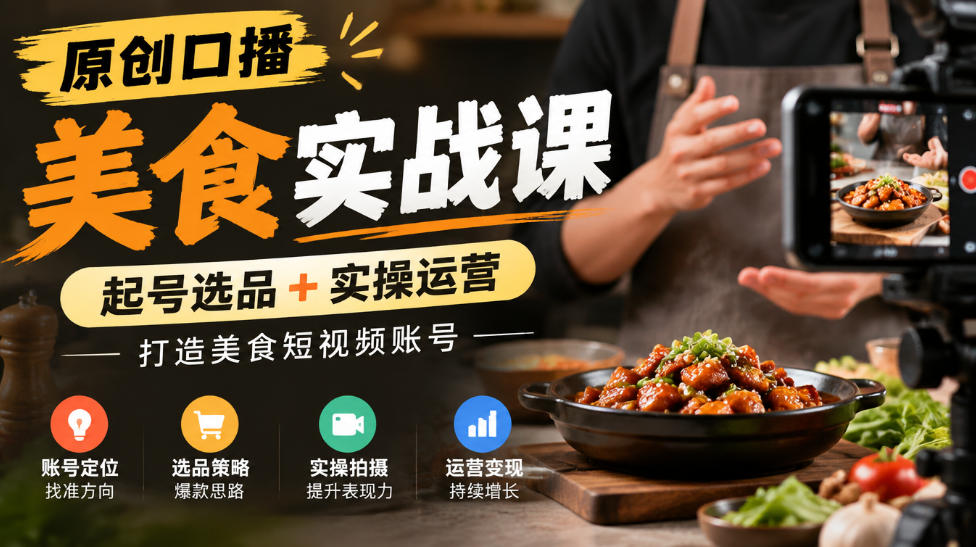 原创口播美食实战课,起号选品+实操运营,打造美食短视频账号-巅峰研习社
