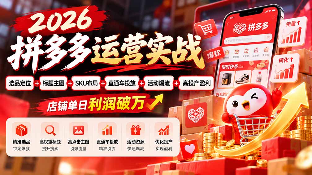 2026拼多多运营实战-更新1002:选品定位+标题主图+SKU布局+直通车投放+活动爆流+高投产盈利 店铺单日利润破万-巅峰研习社