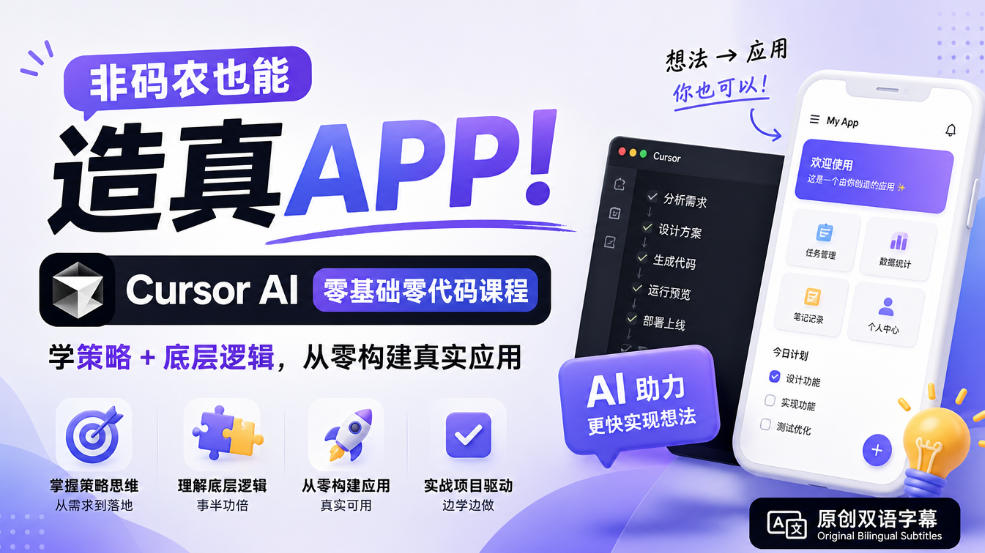 非码农也能造真APP！Cursor AI零基础零代码课程：学策略+底层逻辑，从零构建真实应用【原创双语字幕】-巅峰研习社