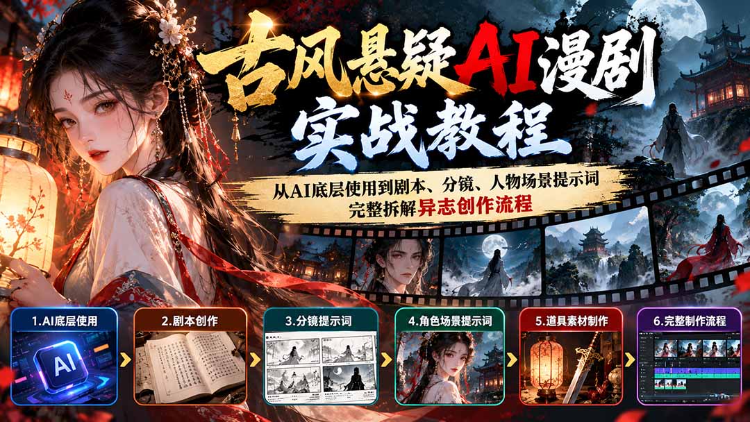 古风悬疑AI漫剧实战教程:从AI底层使用到剧本、分镜、人物场景提示词,完整拆解异志创作流程-巅峰研习社