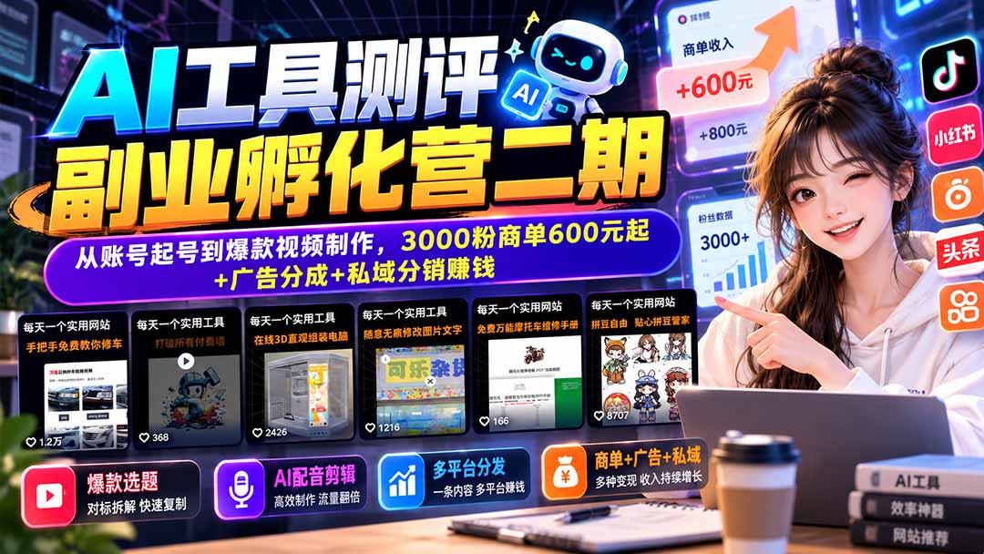 AI工具测评副业孵化营二期:从账号起号到爆款视频制作,3000粉商单600元起+广告分成+私域分销赚钱-巅峰研习社