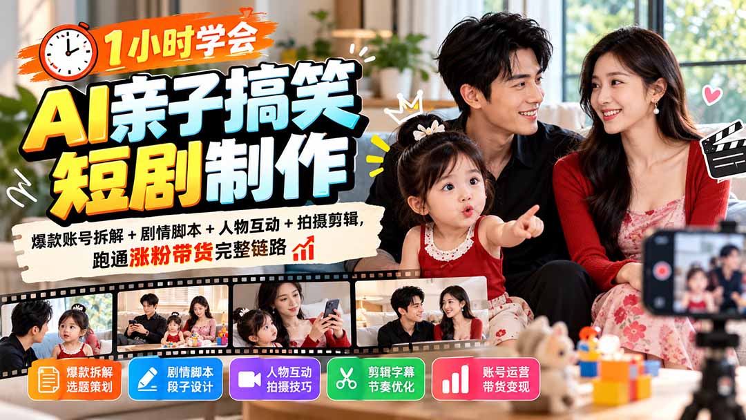 1小时学会AI亲子搞笑短剧制作:爆款账号拆解+剧情脚本+人物互动+拍摄剪辑,跑通涨粉带货完整链路-巅峰研习社