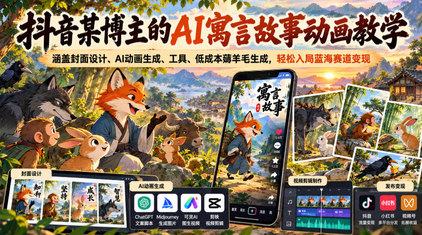 抖音某博主的AI寓言故事动画教学,涵盖封面设计、AI动画生成、工具、低成本薅羊毛生成,轻松入局蓝海赛道变现-巅峰研习社